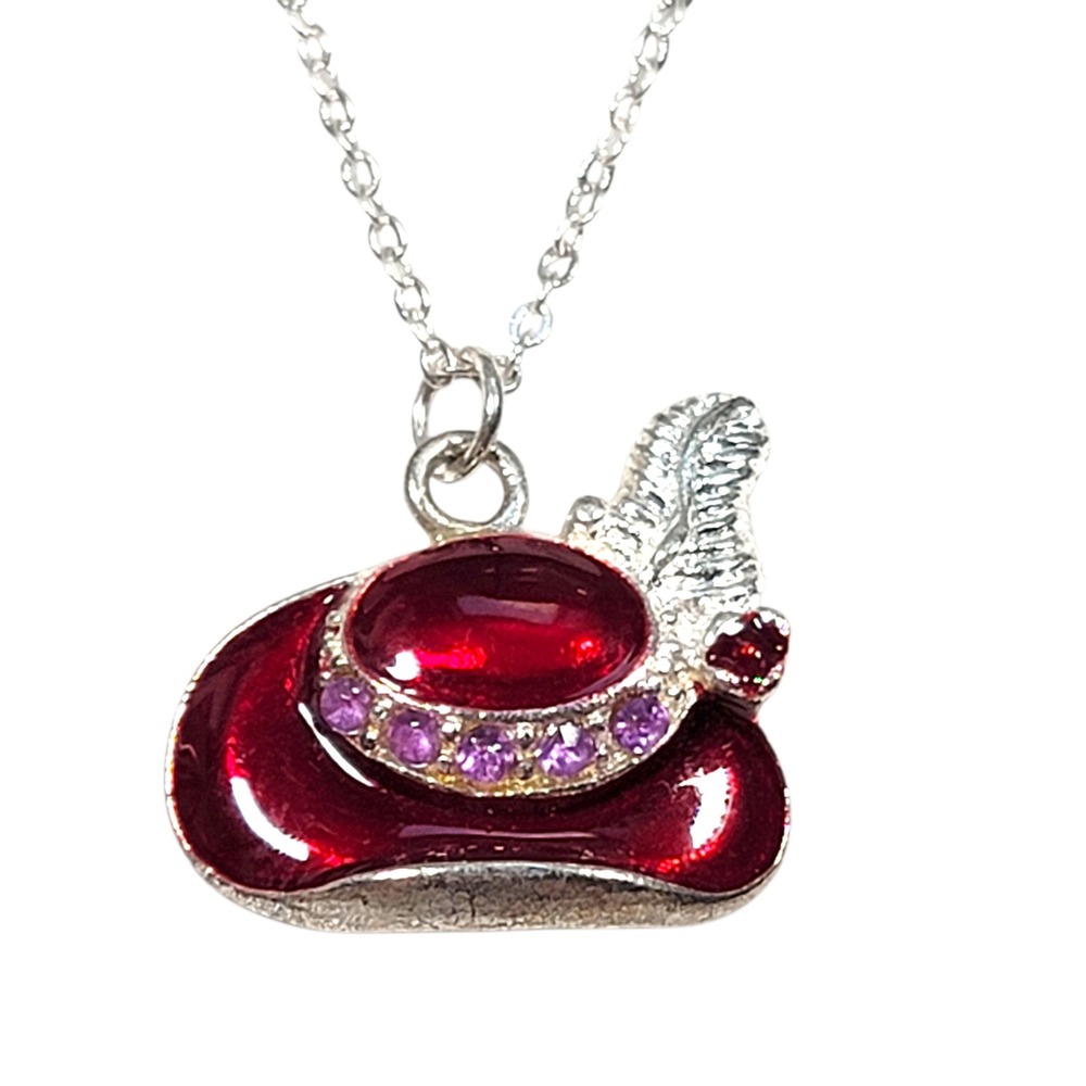 VTG 2000s Red Hat Society Plume Pendant Necklace Purple Rhinestone Silver Tone‎